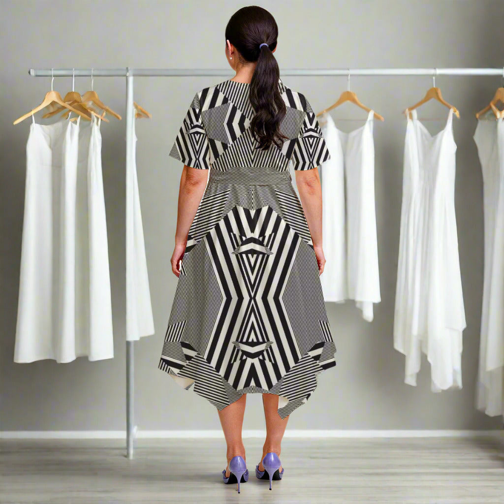 Woman wearing a black and white patterned dress on a light gray background