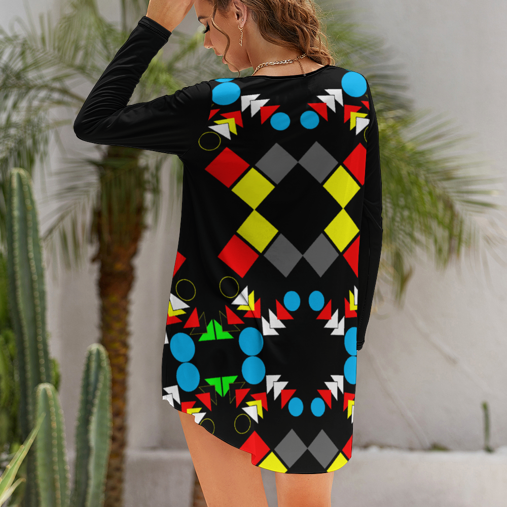 OD Stylish Long Sleeves Skirt Women's Casual Dress BlkPatt