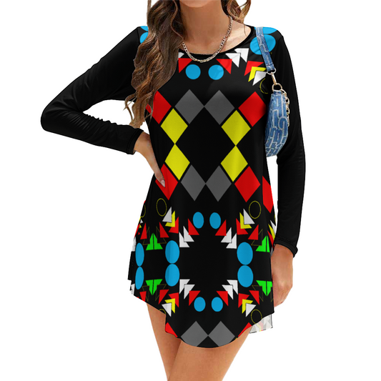 OD Stylish Long Sleeves Skirt Women's Casual Dress BlkPatt