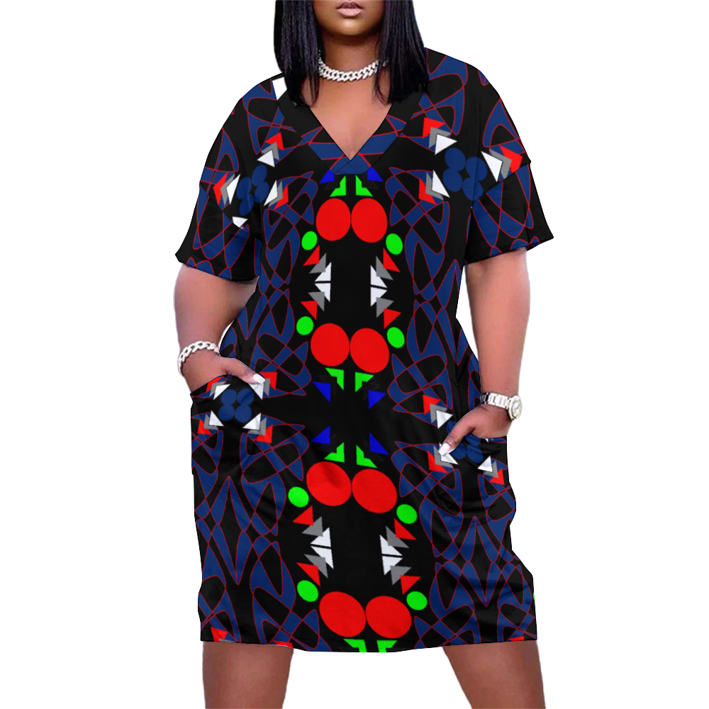 OD Women's V-neck Loose Dress Fashion Skirts with Pockets