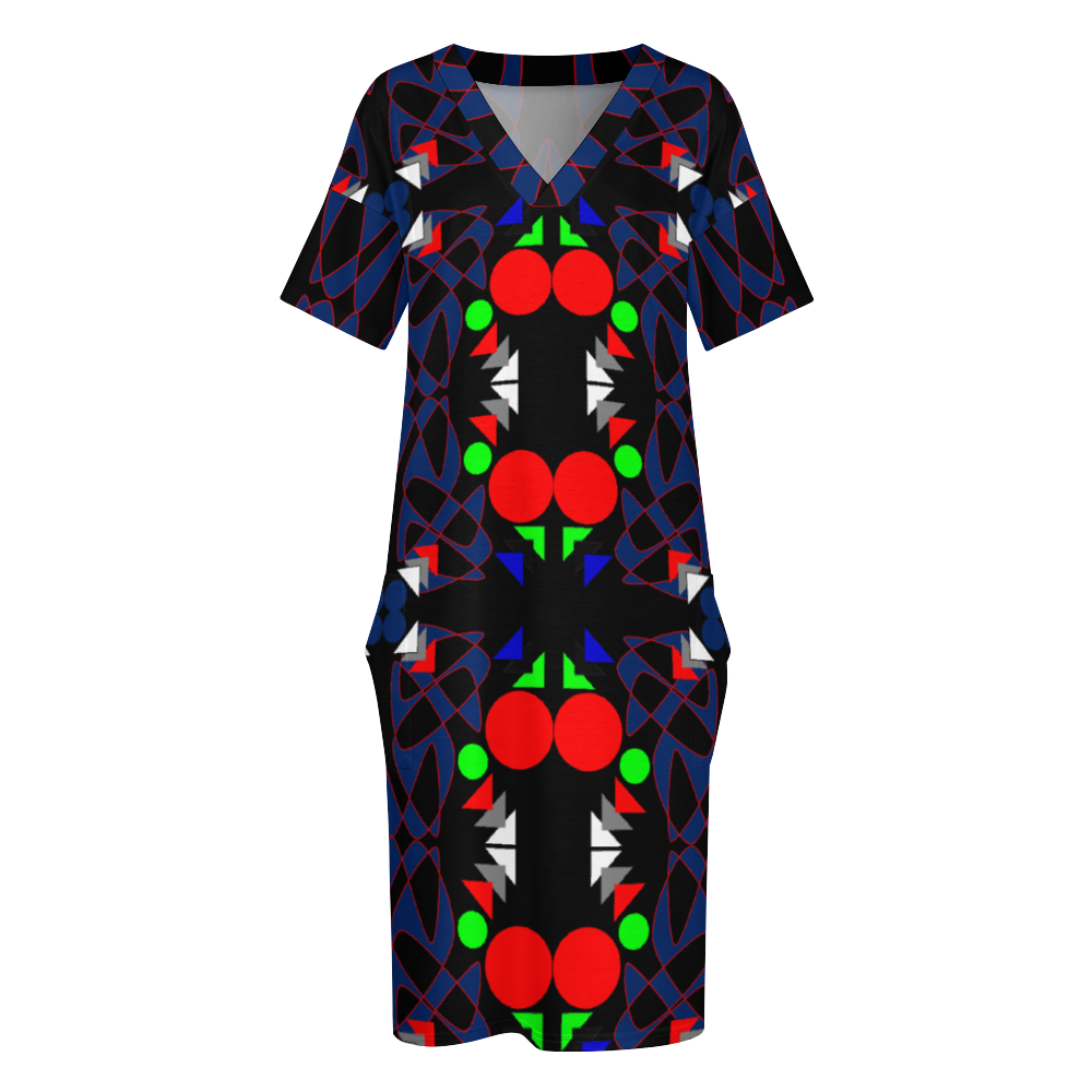 OD Women's V-neck Loose Dress Fashion Skirts with Pockets