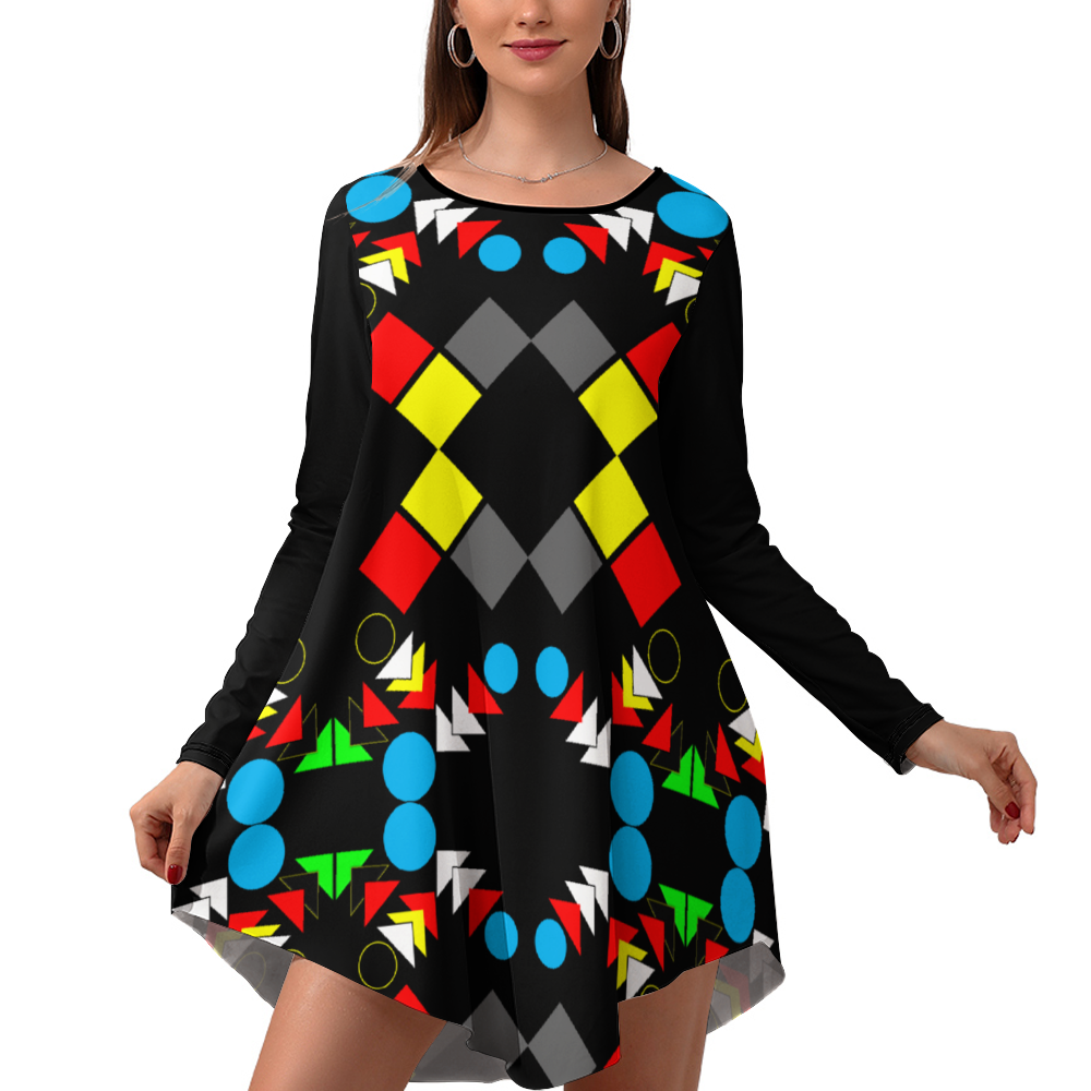 OD Stylish Long Sleeves Skirt Women's Casual Dress BlkPatt