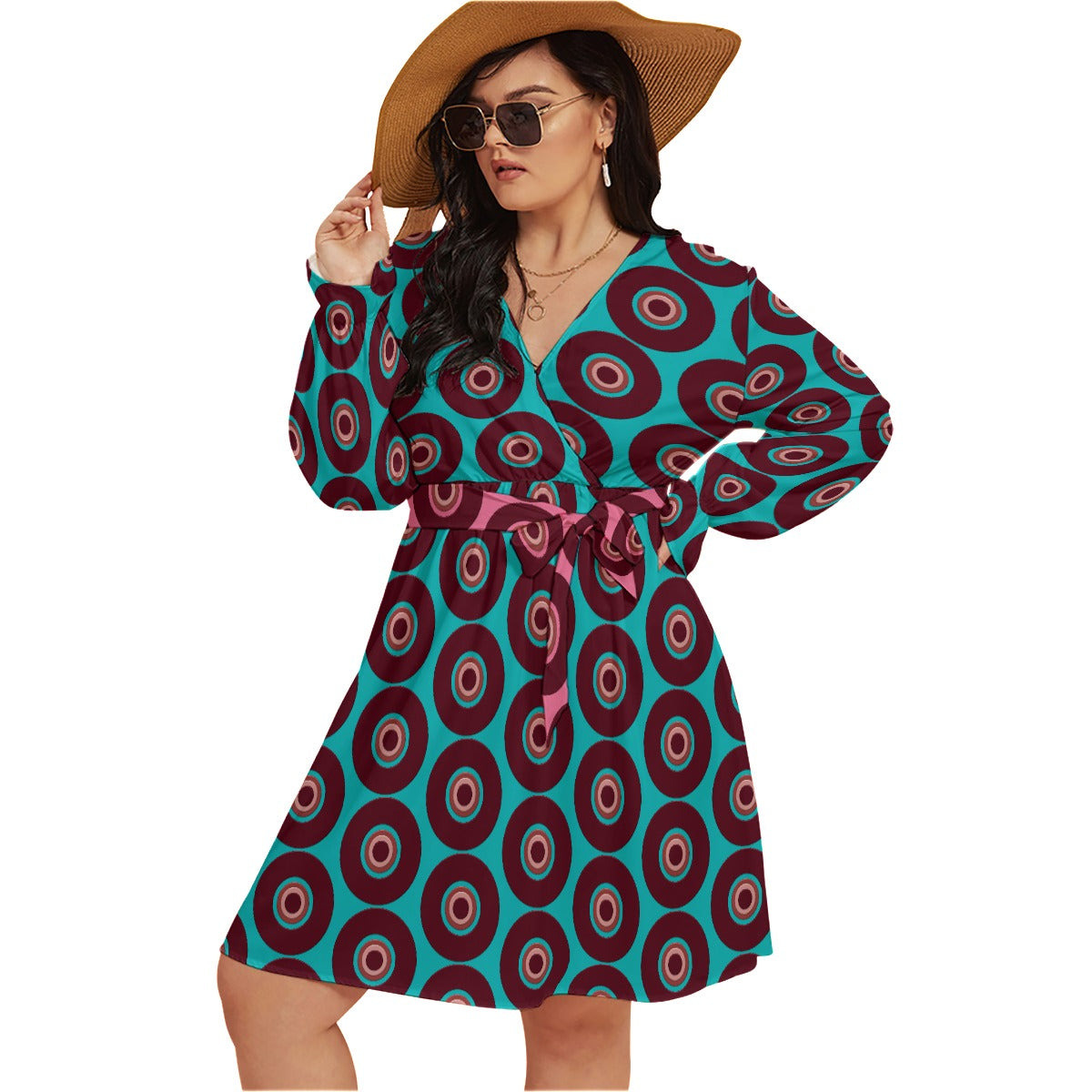 Origen Destination Women's Concentric V-neck Dress With Waistband(Plus Size)