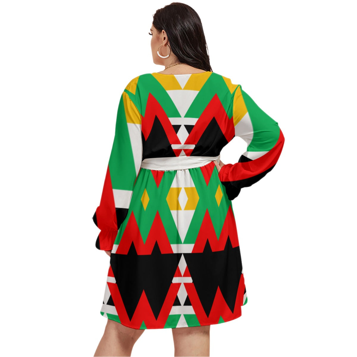 Origen Destination |On-Arrival Point of Origen Women's Green/Red/Yellow V-neck Dress With Waistband(Full-figured)