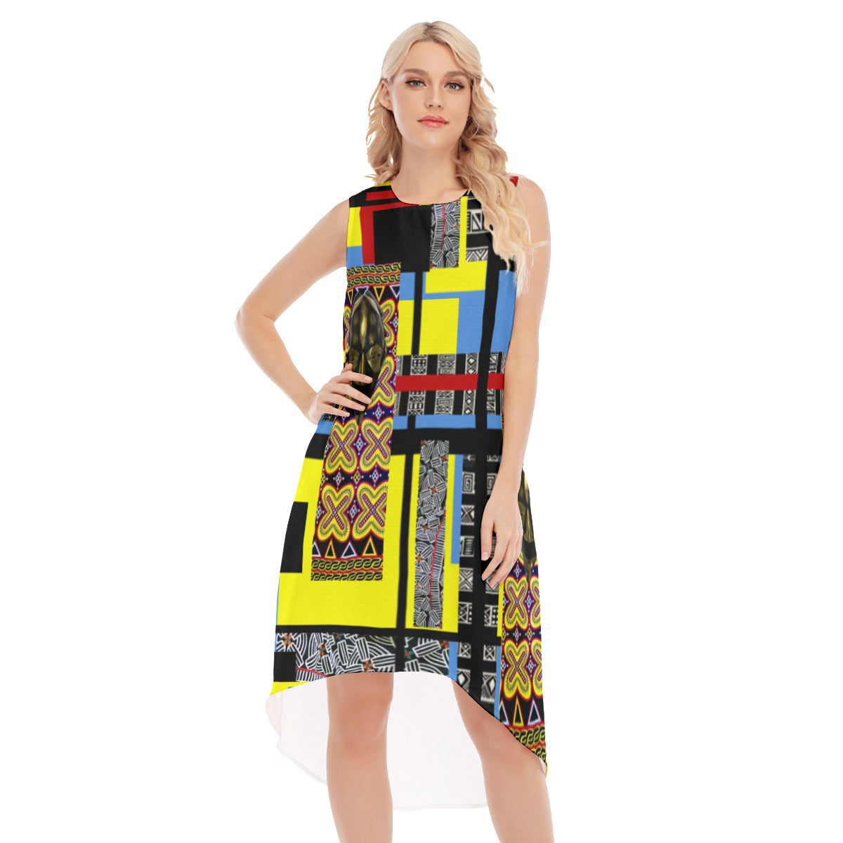 Origen Destination |On-Arrival Point of Origen African Symbol-inspired Women's Yellow/Turquoise Sleeveless Long Dress