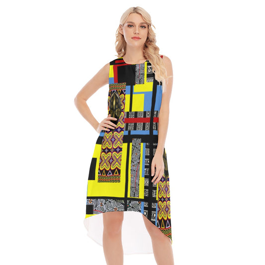 Origen Destination |On-Arrival Point of Origen African Symbol-inspired Women's Yellow/Turquoise Sleeveless Long Dress