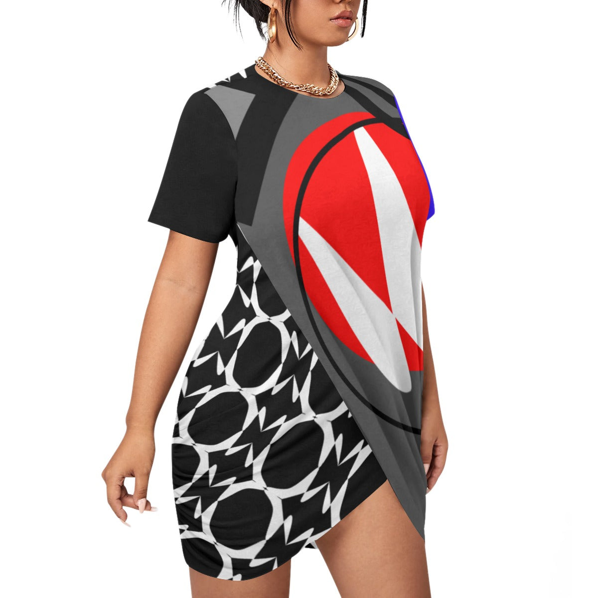 Origen Destination |On-Arrival Point of Origen Symbol-inspired Women’s Stacked Hem Dress With Short Sleeve(Full-figured)