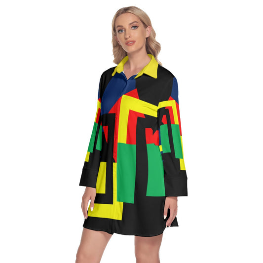 Origen Destination |On-Arrival Point of Origen Women's Lapel Shirt Dress With Long Sleeve