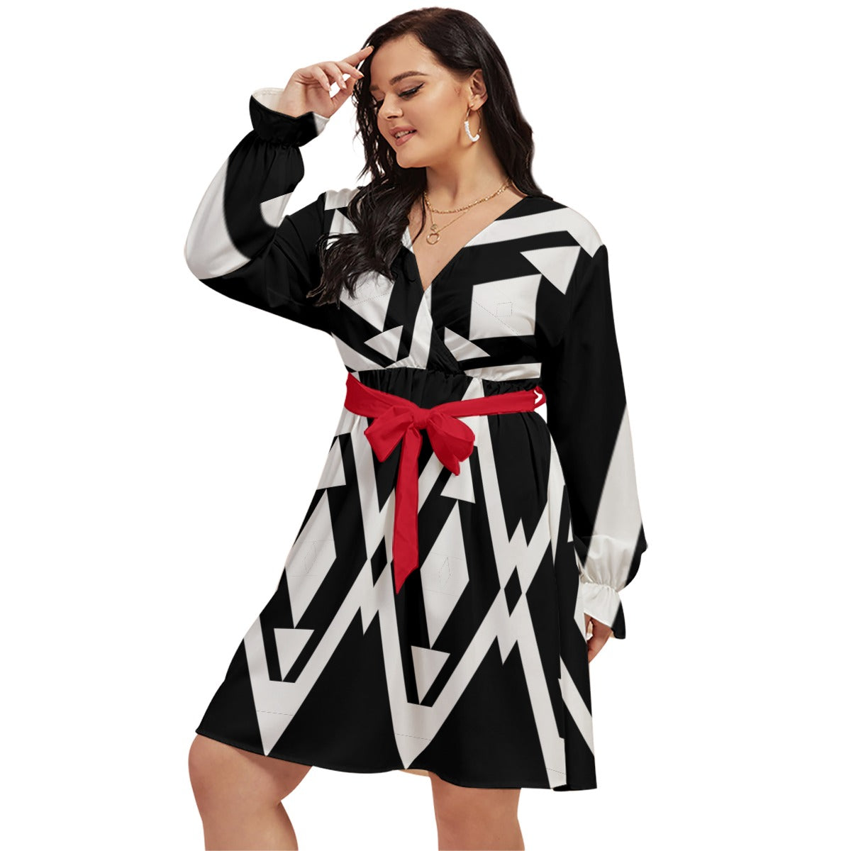 Origen Destination |On-Arrival Point of Origen Dia-Symbol Women's V-neck Dress With Waistband (Full-figured)