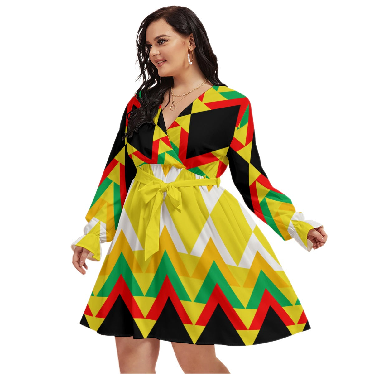 Origen Destination |On-Arrival Point of Origen Women's V-neck Long Sleeve Dress(Full-figured)