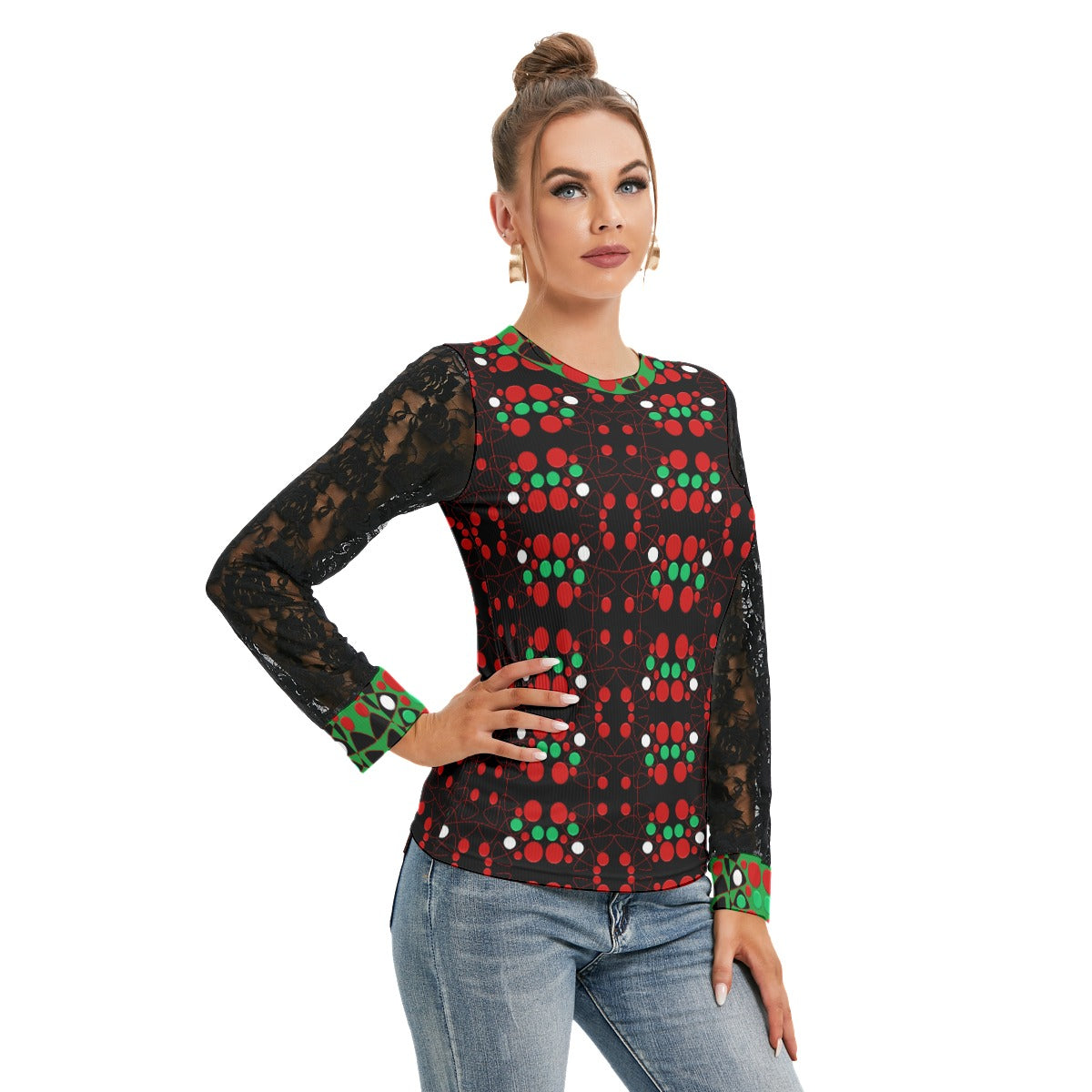 Origen Destination Women's Patterned Black Lace sleeves top