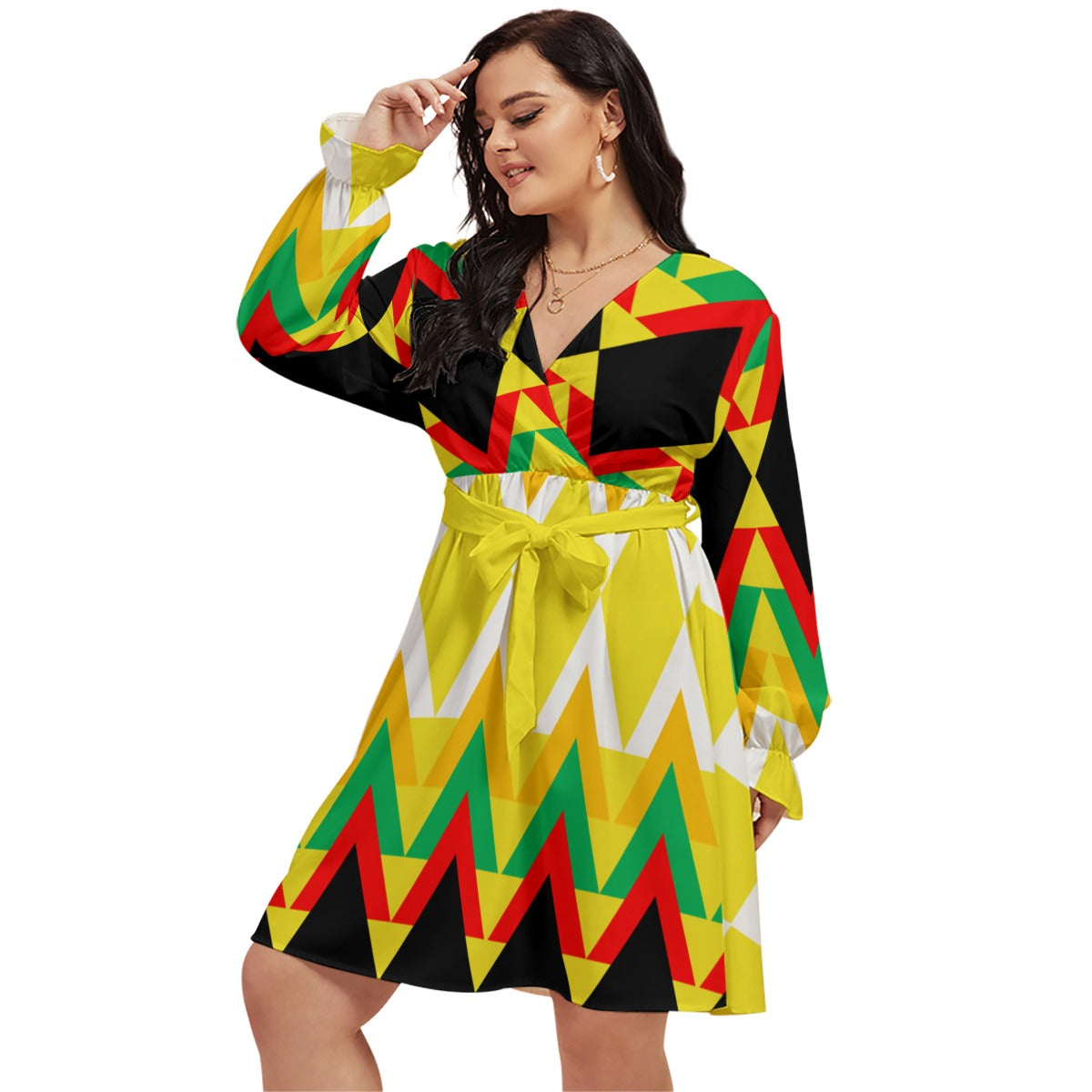 Origen Destination |On-Arrival Point of Origen Women's V-neck Long Sleeve Dress(Full-figured)