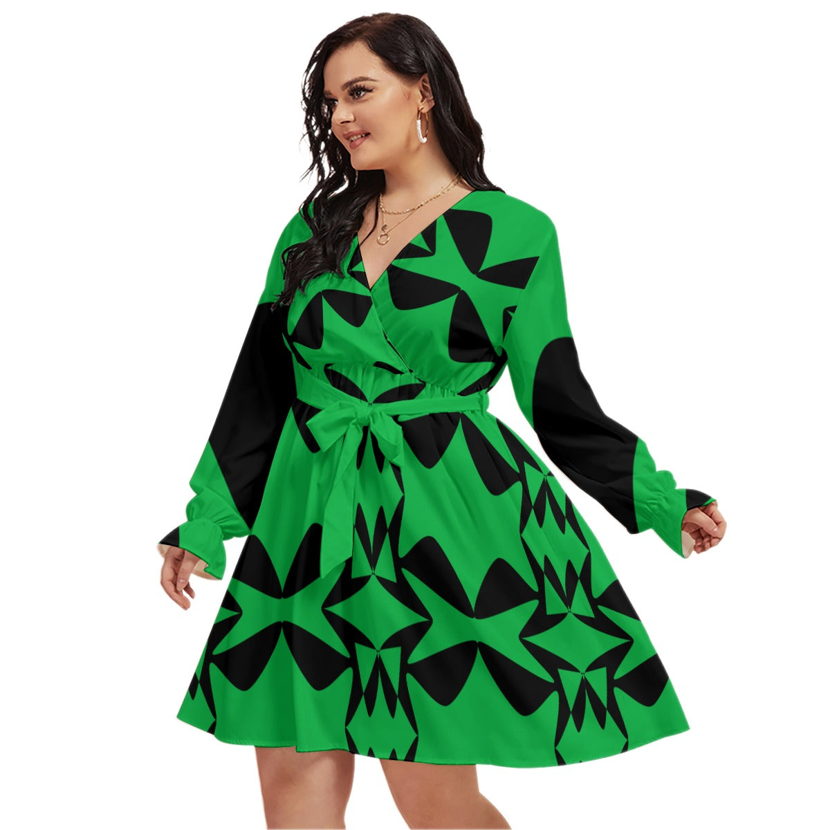 Origen Destination |On-Arrival Point of Origen Women's Green V-neck Dress With Waistband (Full-figured)