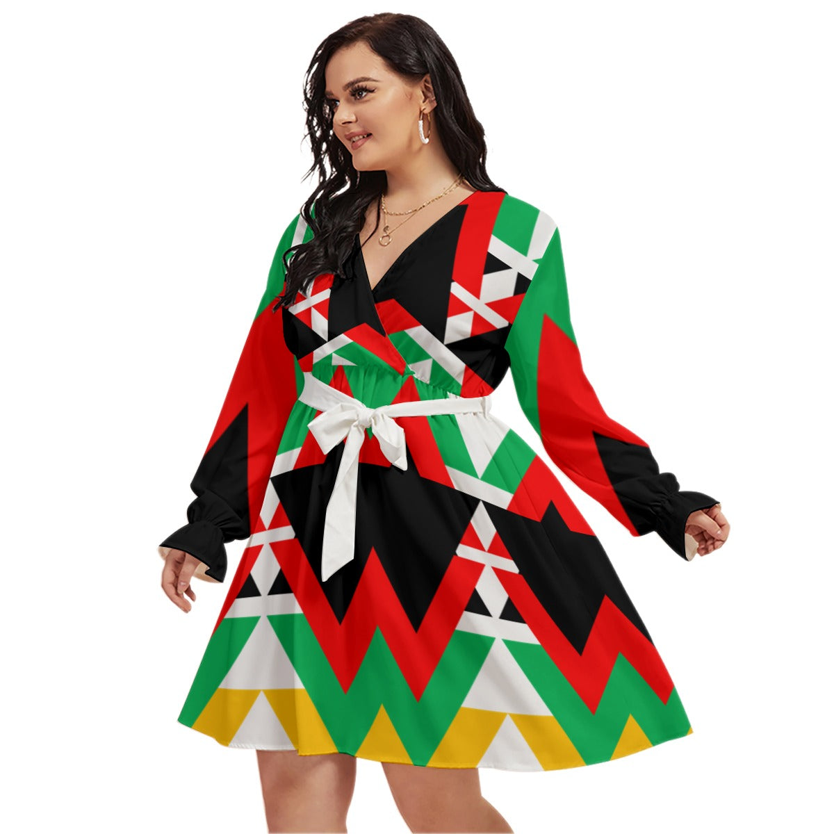 Origen Destination |On-Arrival Point of Origen Women's Green/Red/Yellow V-neck Dress With Waistband(Full-figured)