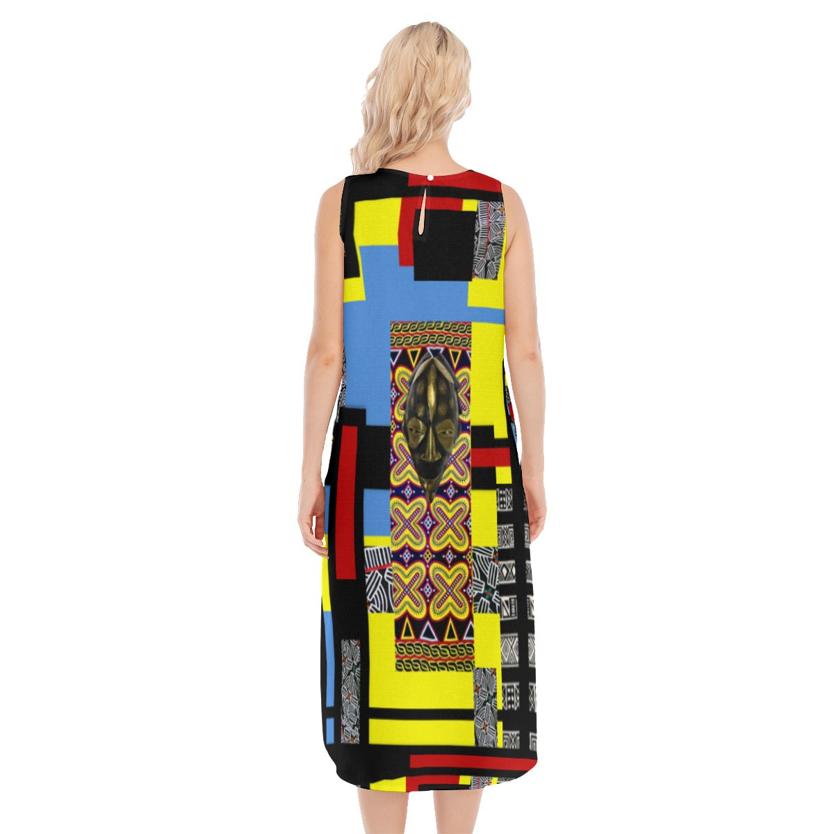 Origen Destination |On-Arrival Point of Origen African Symbol-inspired Women's Yellow/Turquoise Sleeveless Long Dress