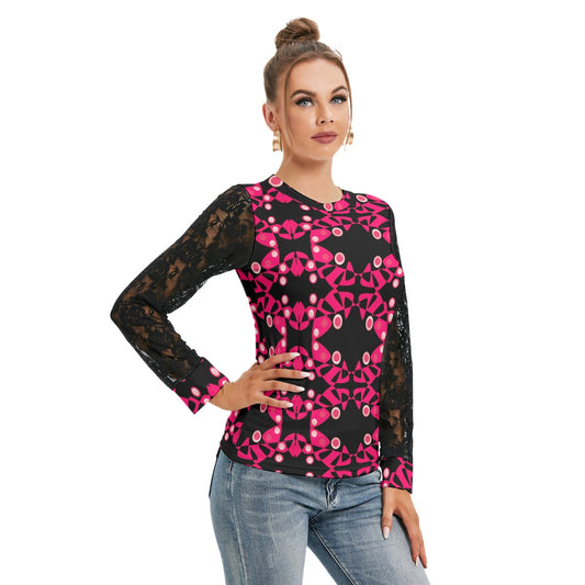 Origen Destination Women's Patterned Black Lace sleeves top