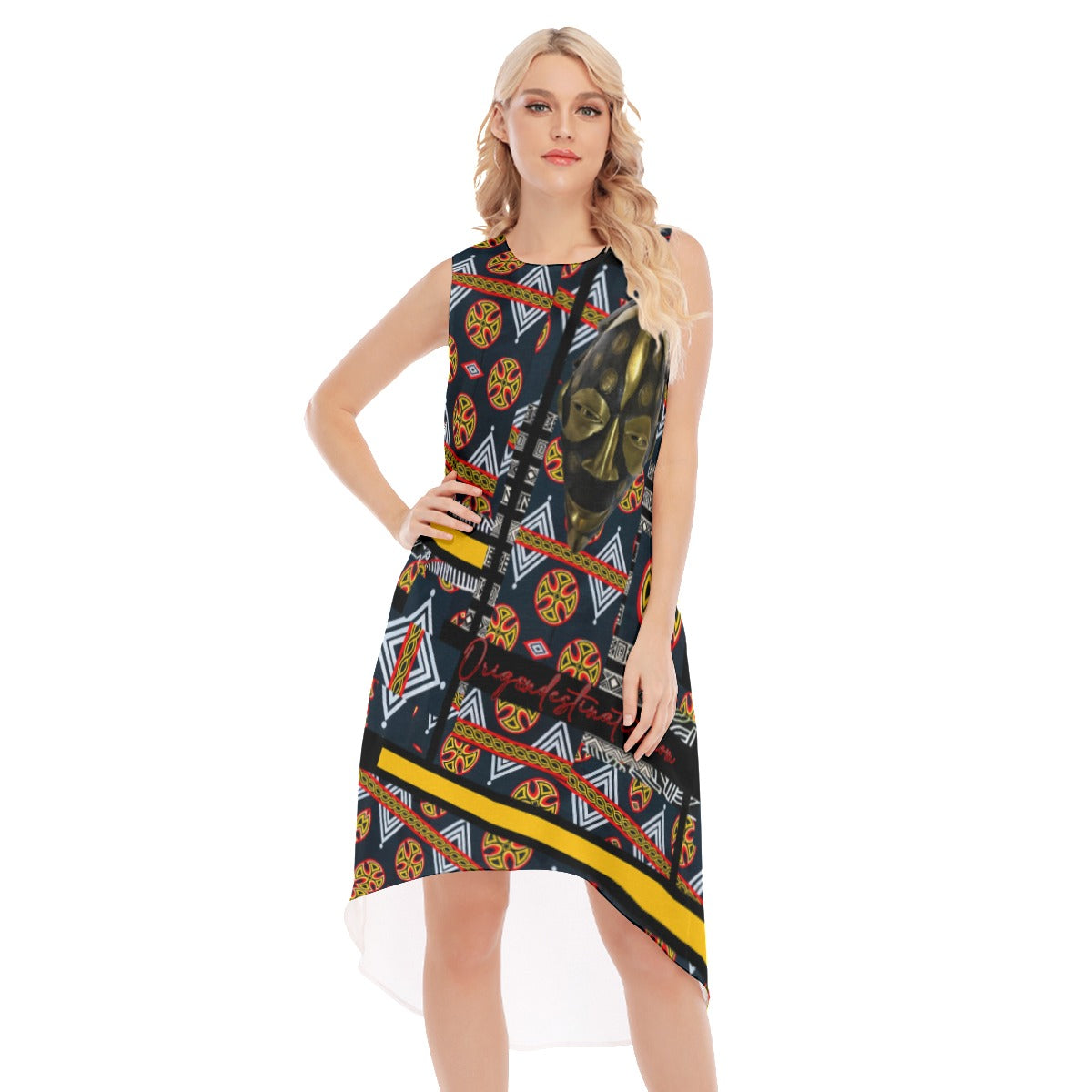 Origen Destination |On-Arrival Point of Origen African Symbol-inspired Women's Navy Blue Sleeveless Long Dress