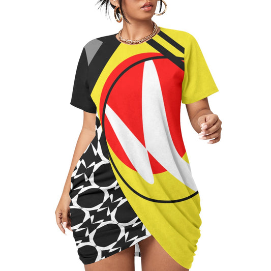 Origen Destination |On-Arrival Point of Origen Symbol-inspired Women’s Yellow/Black Stacked Hem Dress With Short Sleeve(Full-figured)
