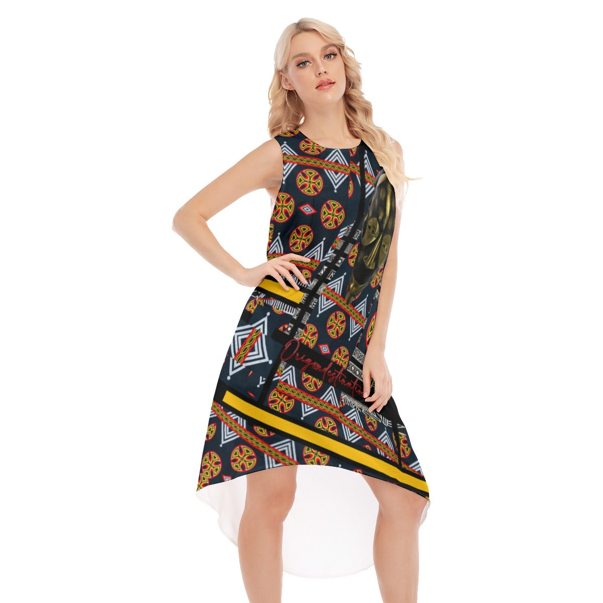 Origen Destination |On-Arrival Point of Origen African Symbol-inspired Women's Navy Blue Sleeveless Long Dress