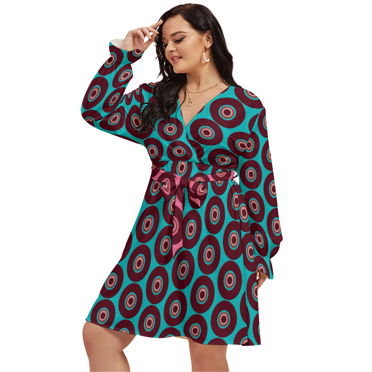 Origen Destination Women's Concentric V-neck Dress With Waistband(Plus Size)