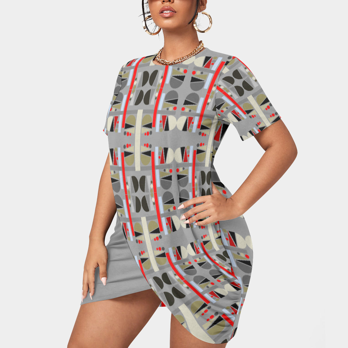 OD Women’s Stacked Hem Dress With Short Sleeve(FF)Gry