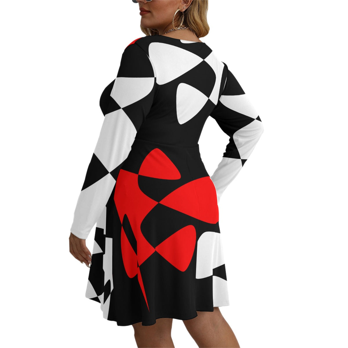 Origen Destination |On-Arrival Point of Origen Women's Red/Black/White V-neck Long Sleeve Dress(Full-figured)