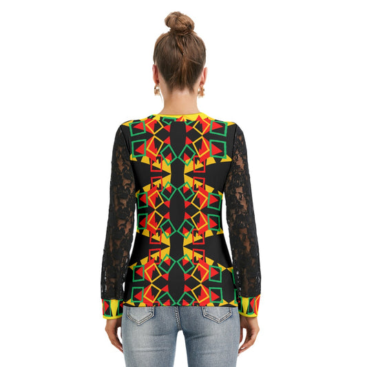 Origen Destination Women's Patterned Black Lace sleeves top