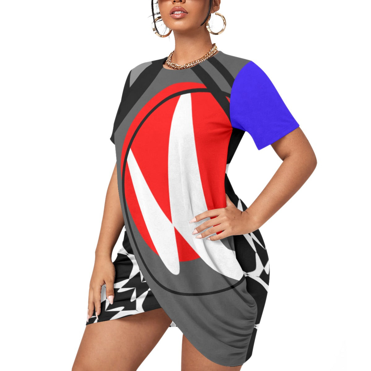 Origen Destination |On-Arrival Point of Origen Symbol-inspired Women’s Stacked Hem Dress With Short Sleeve(Full-figured)