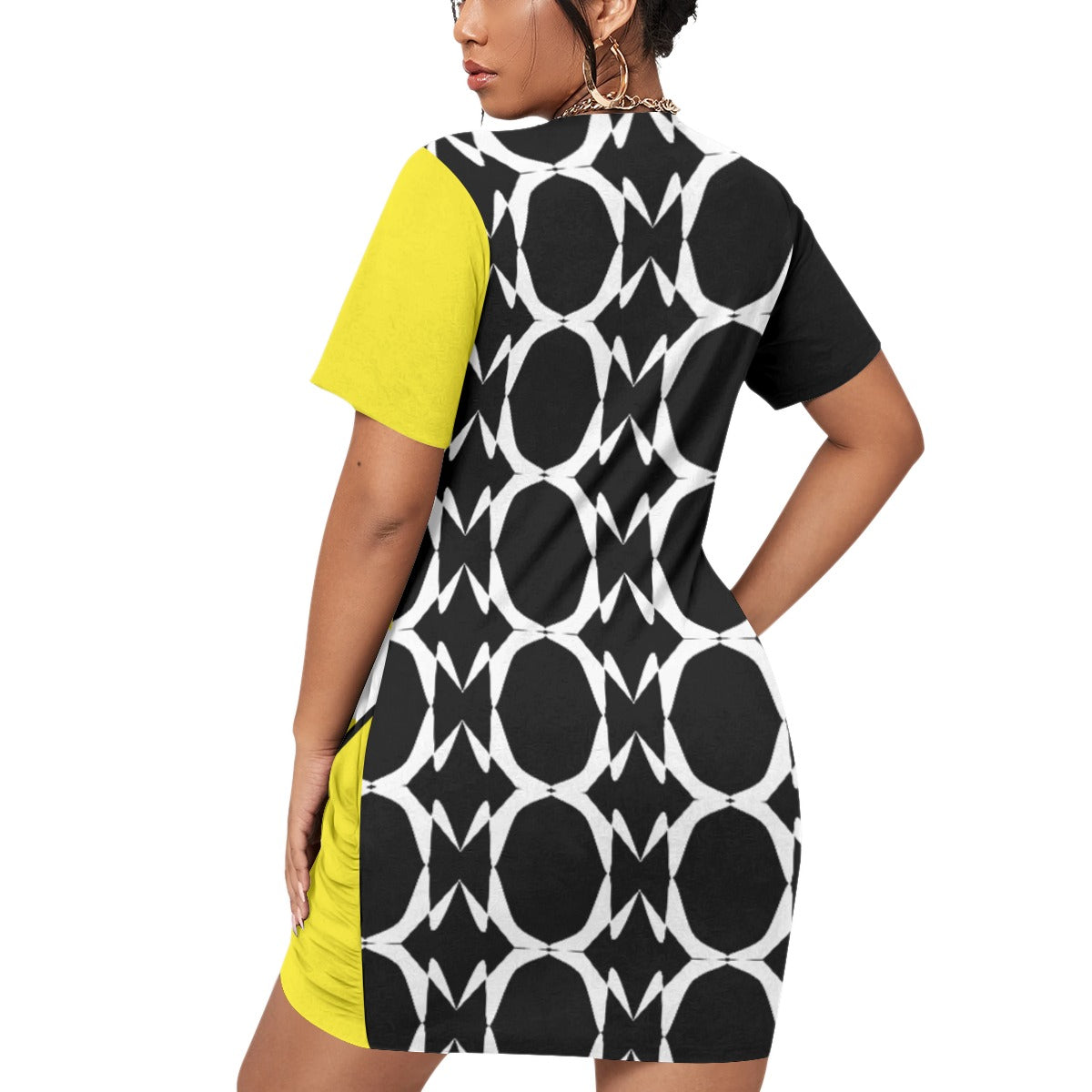 Origen Destination |On-Arrival Point of Origen Symbol-inspired Women’s Yellow/Black Stacked Hem Dress With Short Sleeve(Full-figured)