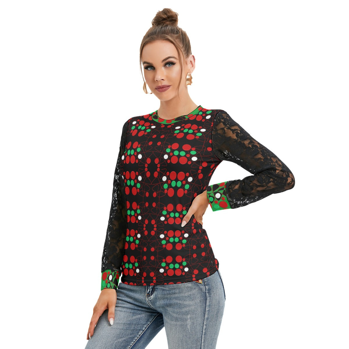 Origen Destination Women's Patterned Black Lace sleeves top