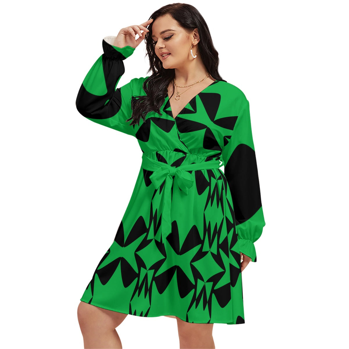 Origen Destination |On-Arrival Point of Origen Women's Green V-neck Dress With Waistband (Full-figured)
