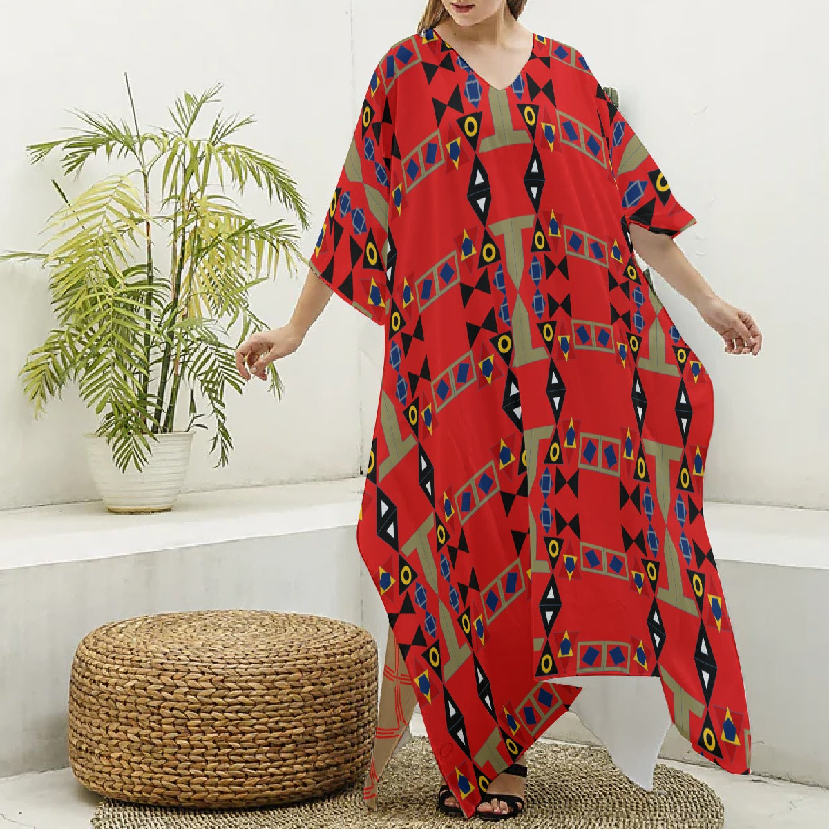 Origen Destination Women's V-neck Patterned Kaftan Robe