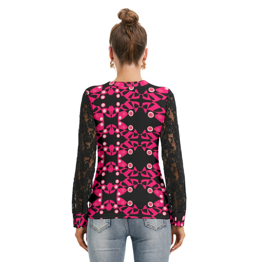 Origen Destination Women's Patterned Black Lace sleeves top