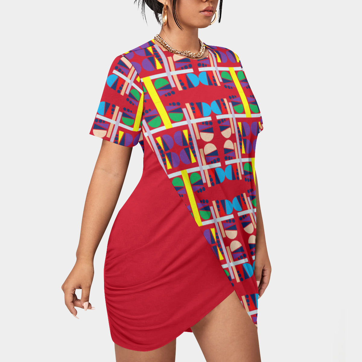 OD Women’s Stacked Hem Dress With Short Sleeve(FF) Red