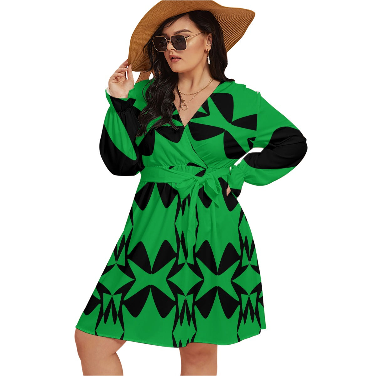 Origen Destination |On-Arrival Point of Origen Women's Green V-neck Dress With Waistband (Full-figured)