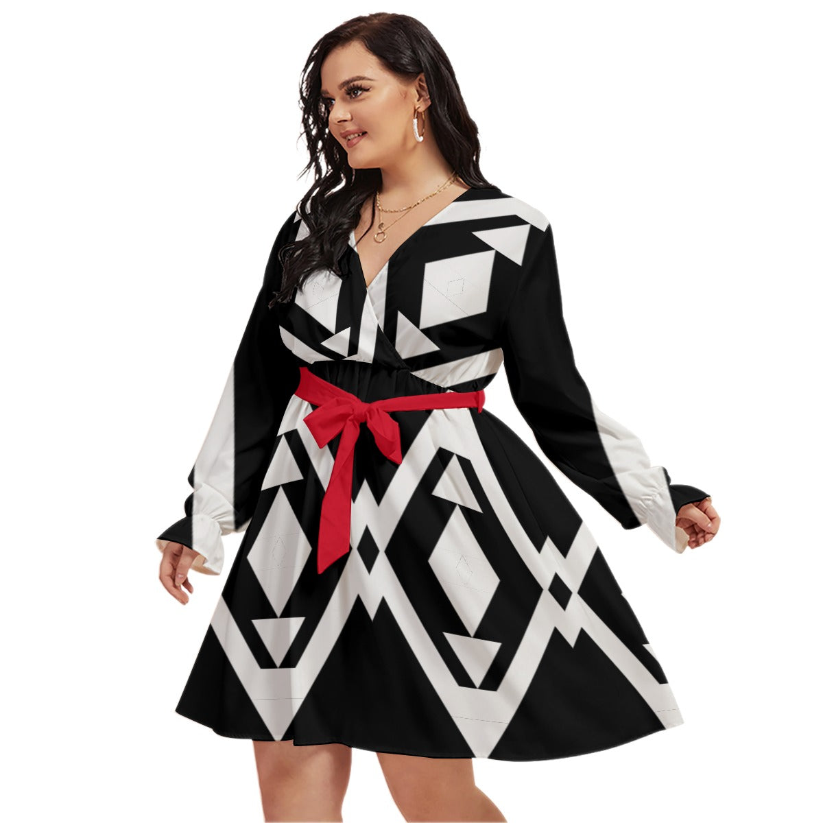 Origen Destination |On-Arrival Point of Origen Dia-Symbol Women's V-neck Dress With Waistband (Full-figured)