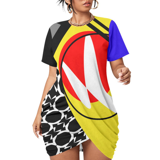 Origen Destination |On-Arrival Point of Origen Symbol-inspired Women’s Stacked Hem Dress With Short Sleeve(Full-figured)