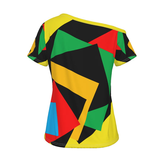 Origen Destination |On-Arrival Point of Origen Women's Black/Gold/Red Off-Shoulder T-shirt