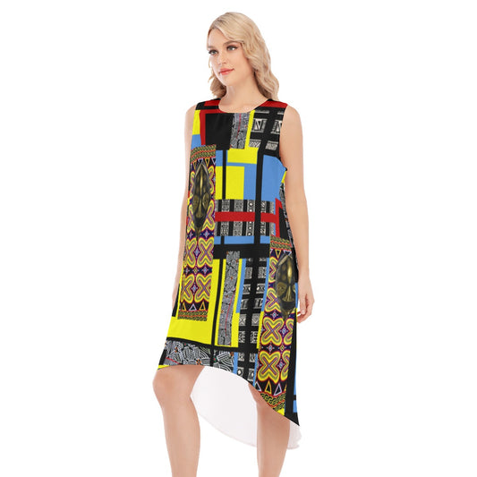 Origen Destination |On-Arrival Point of Origen African Symbol-inspired Women's Yellow/Turquoise Sleeveless Long Dress
