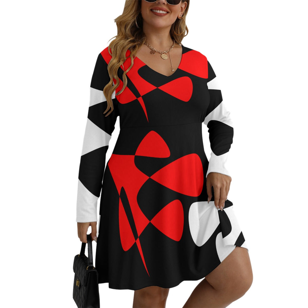 Origen Destination |On-Arrival Point of Origen Women's Red/Black/White V-neck Long Sleeve Dress(Full-figured)