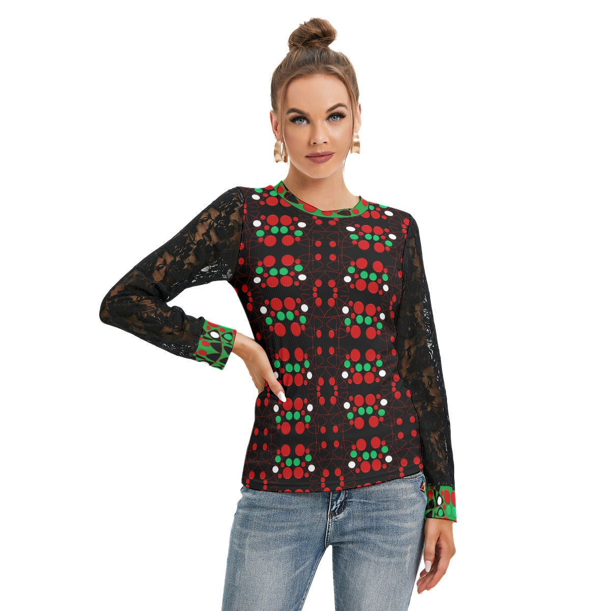 Origen Destination Women's Patterned Black Lace sleeves top