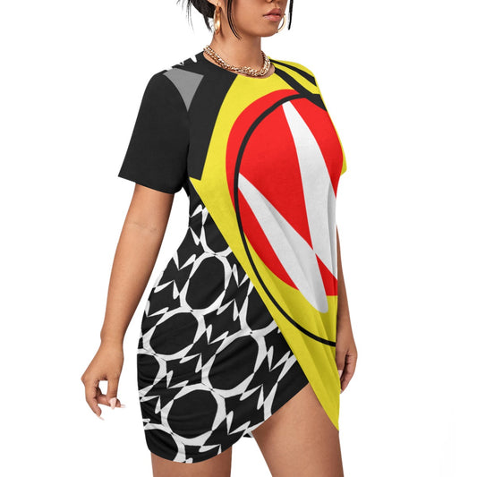 Origen Destination |On-Arrival Point of Origen Symbol-inspired Women’s Yellow/Black Stacked Hem Dress With Short Sleeve(Full-figured)