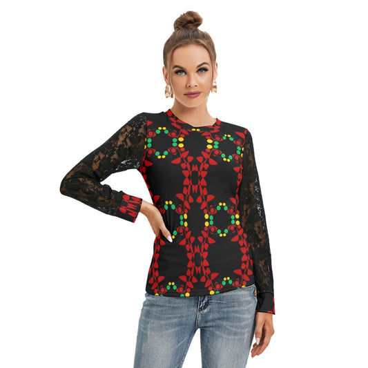 Origen Destination Women's Patterned Black Lace sleeves top