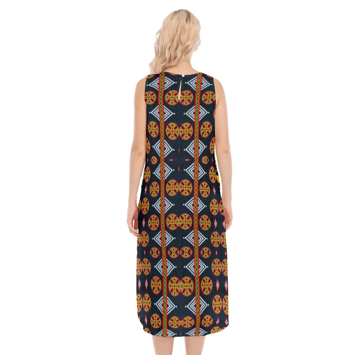 Origen Destination |On-Arrival Point of Origen African Symbol-inspired Women's Navy Blue Sleeveless Long Dress