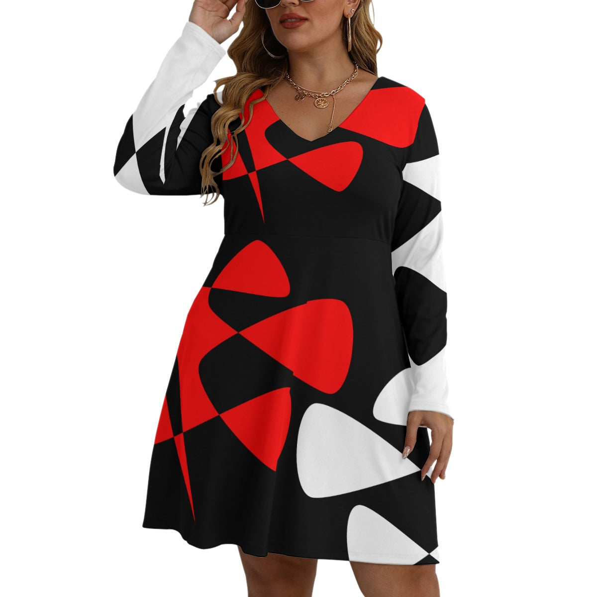 Origen Destination |On-Arrival Point of Origen Women's Red/Black/White V-neck Long Sleeve Dress(Full-figured)