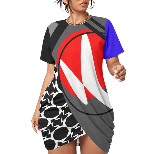 Origen Destination |On-Arrival Point of Origen Symbol-inspired Women’s Stacked Hem Dress With Short Sleeve(Full-figured)