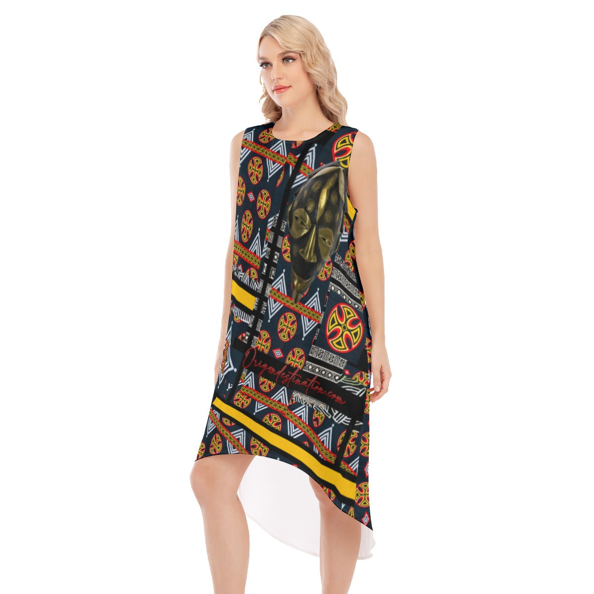 Origen Destination |On-Arrival Point of Origen African Symbol-inspired Women's Navy Blue Sleeveless Long Dress