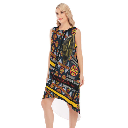Origen Destination |On-Arrival Point of Origen African Symbol-inspired Women's Navy Blue Sleeveless Long Dress