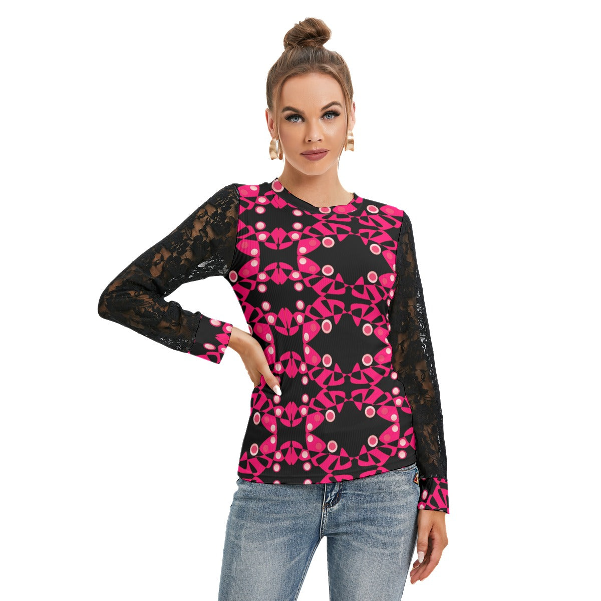 Origen Destination Women's Patterned Black Lace sleeves top