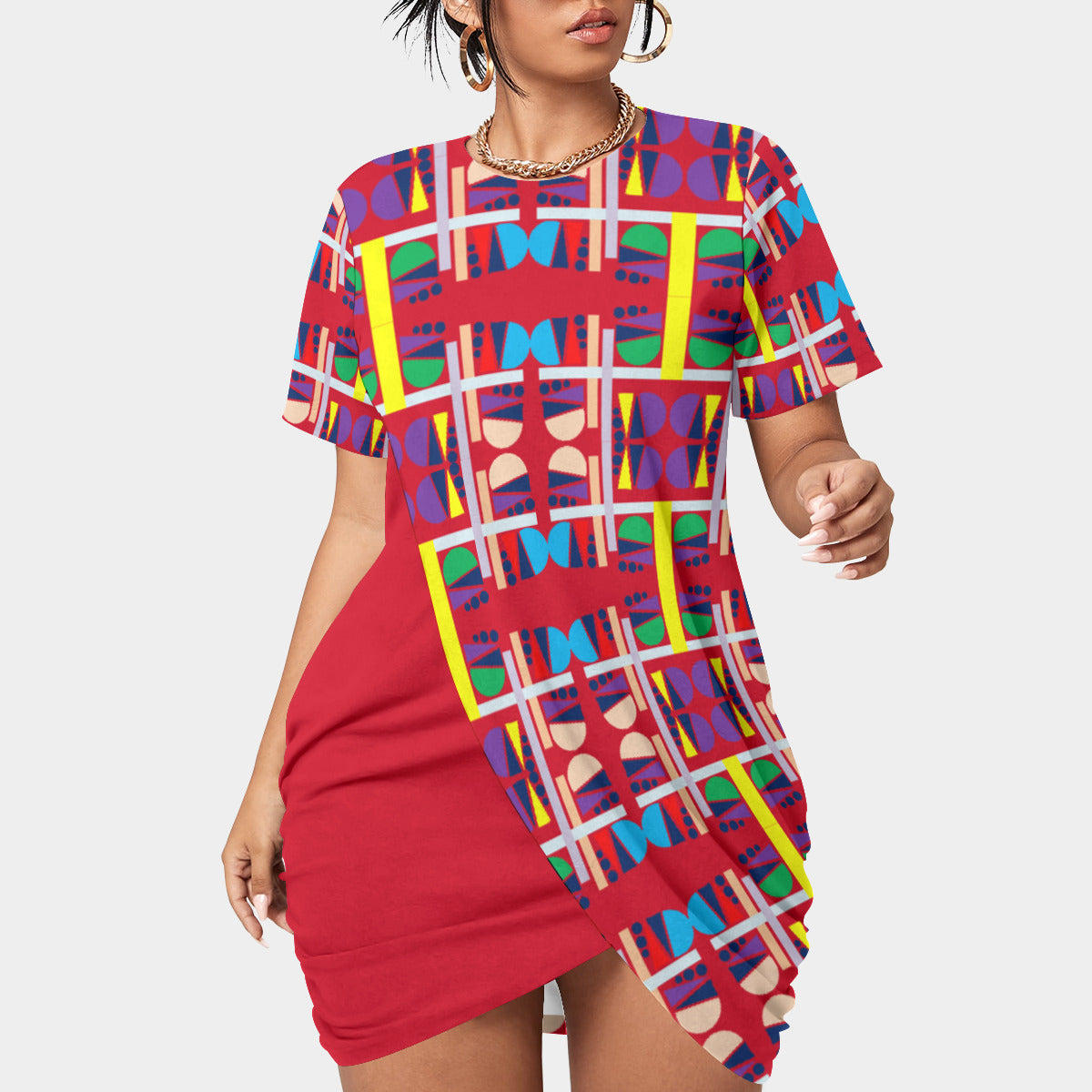 OD Women’s Stacked Hem Dress With Short Sleeve(FF) Red
